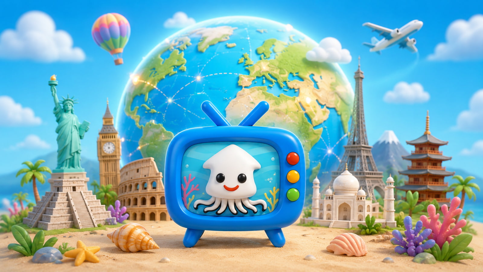 Squid TV mascot exploring countries around the world with a globe and famous international landmarks