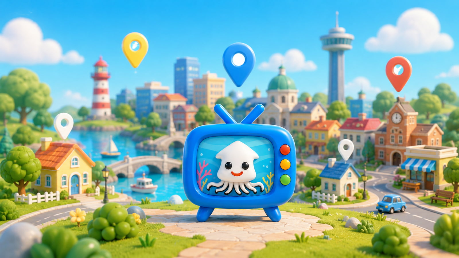 Squid TV mascot exploring a local town and regional communities marked with location pins