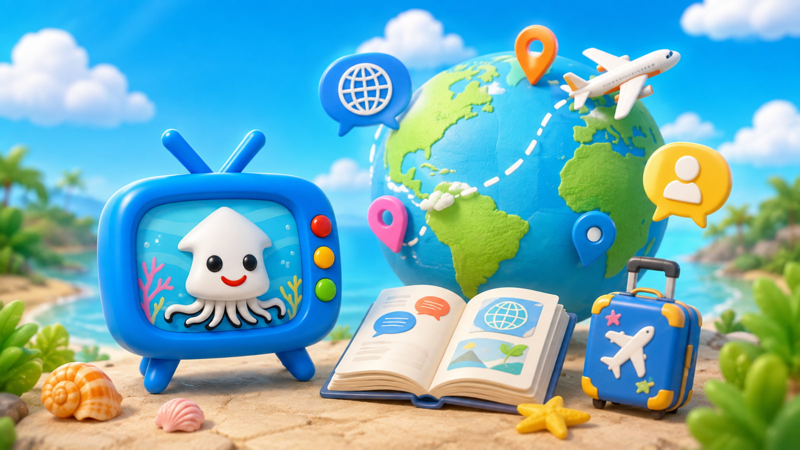Squid TV mascot with a globe, travel guide, suitcase, and language symbols for learning and exploring the world