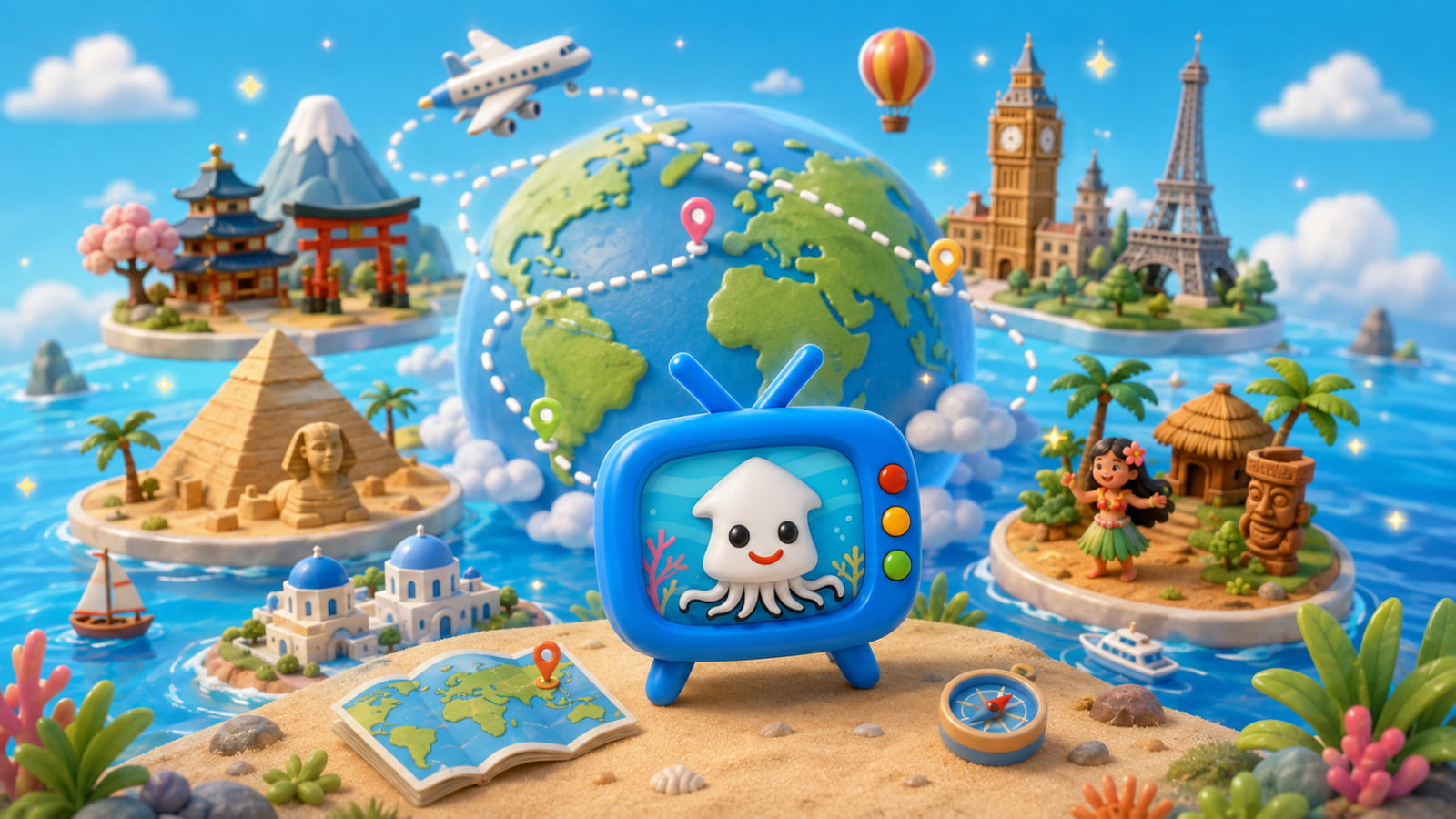 Squid TV mascot beginning a worldwide journey with a globe, map, compass, and scenes inspired by different regions