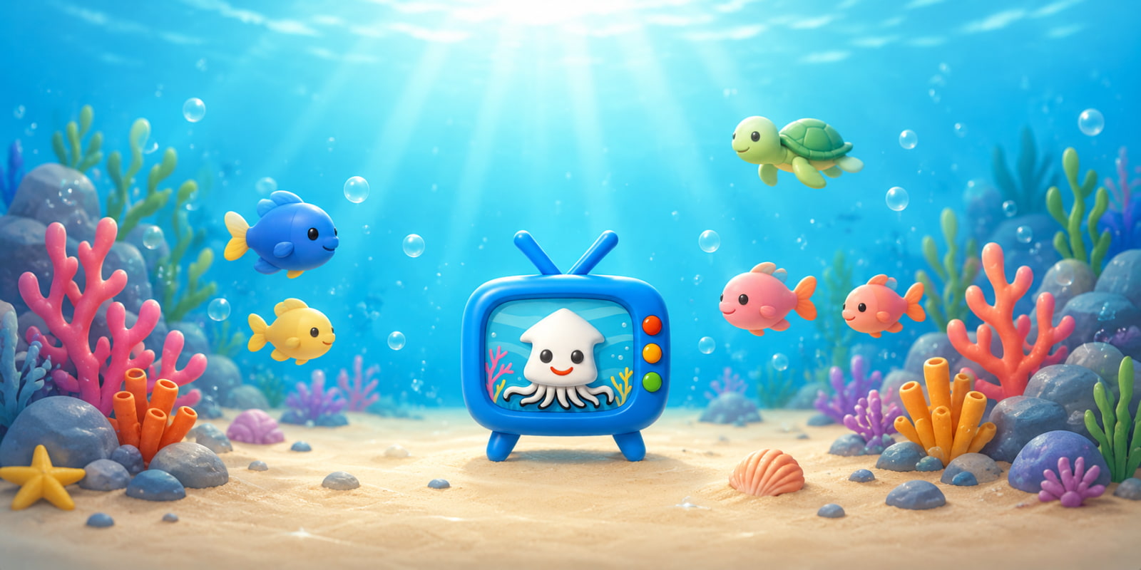 Squid TV mascot in a television set in a bright underwater scene