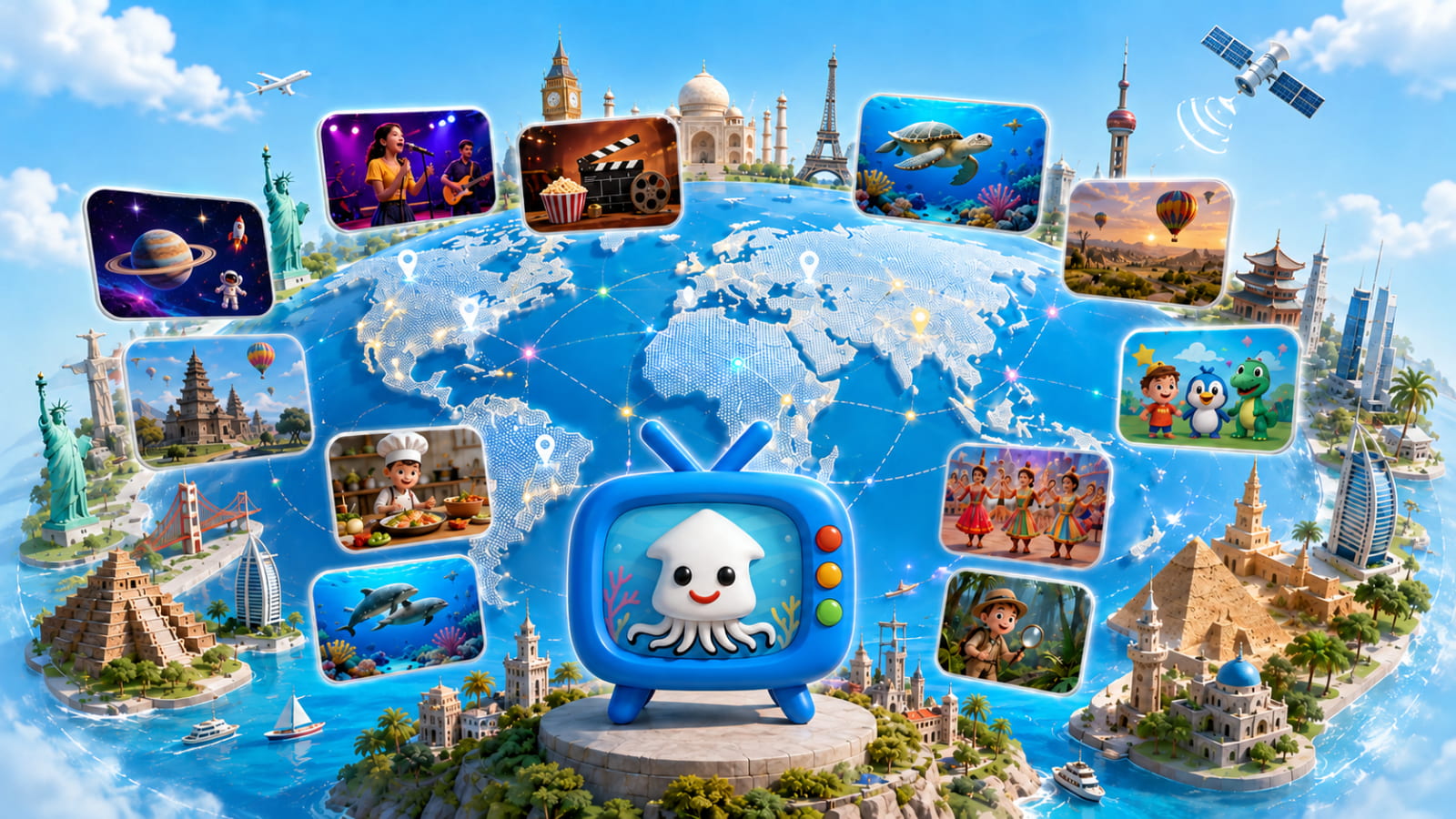 Squid TV mascot in front of a world map, surrounded by scenes representing international media, culture, travel, nature, and entertainment